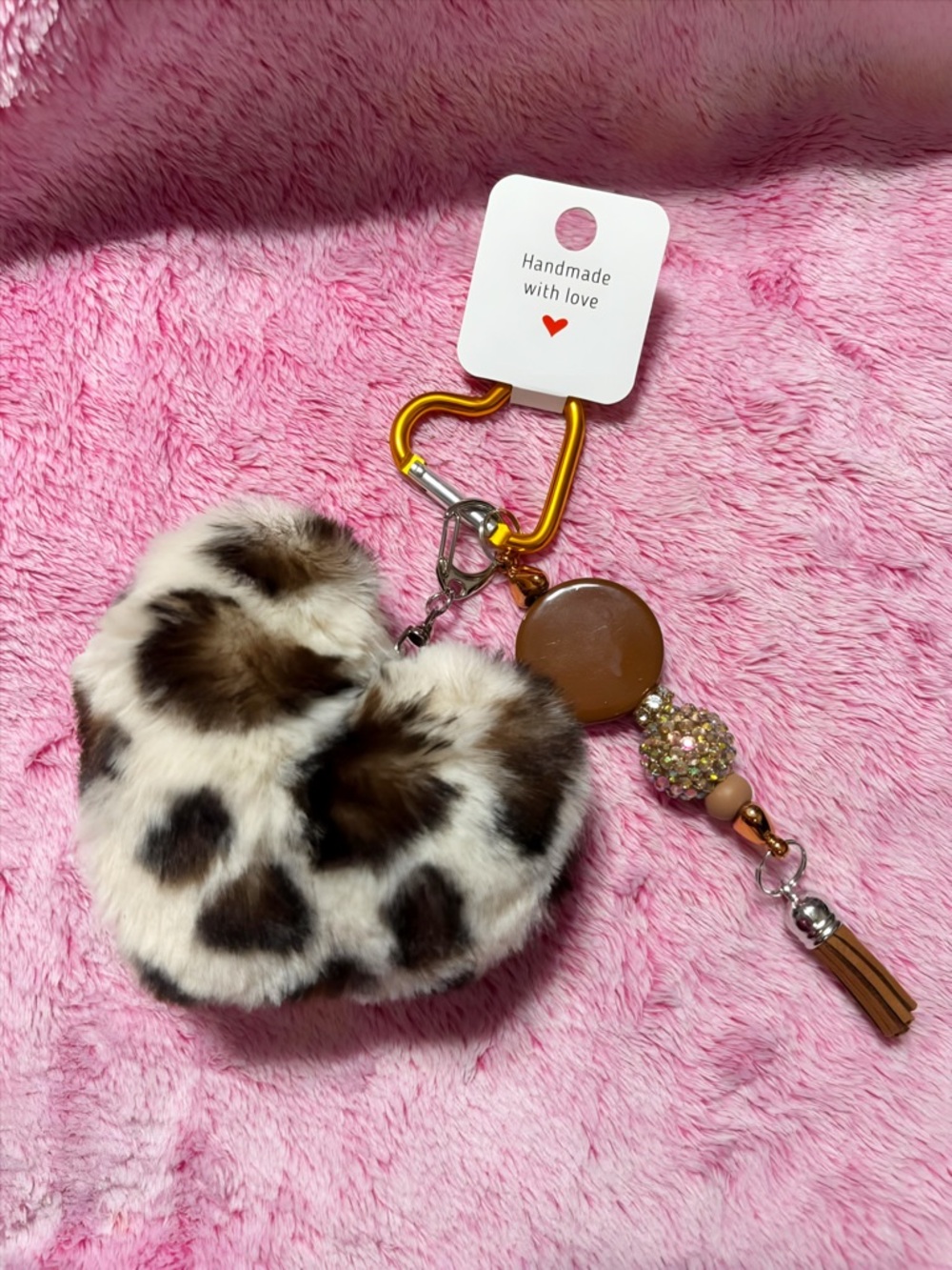Handmade Keychain with Leopard Heart Pom Keychain and Brown Beaded Tassel
